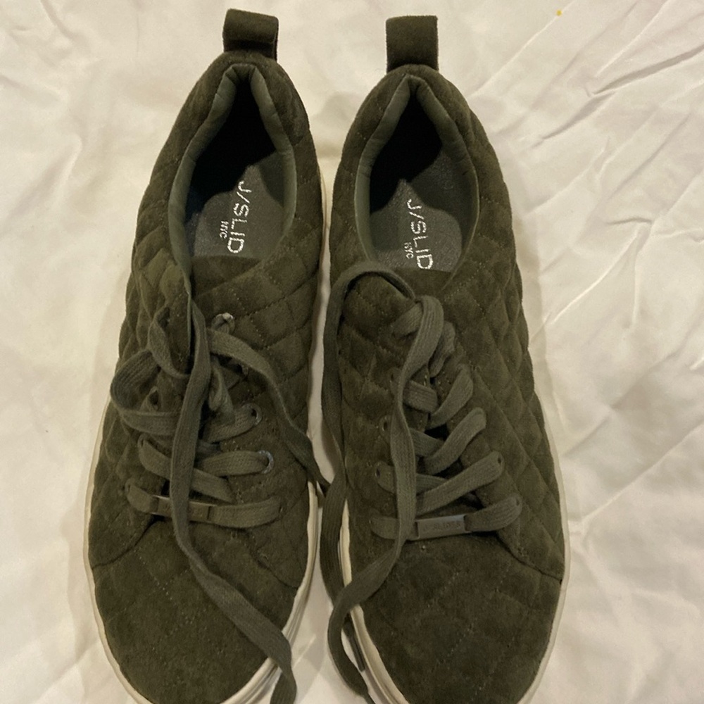 J. Slides New York City, dark green suede quilted sneakers,. size 8 1/2 worn 2x